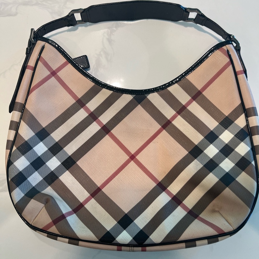 Burberry, black patent handle and trim. 16” wide, 12” tall.